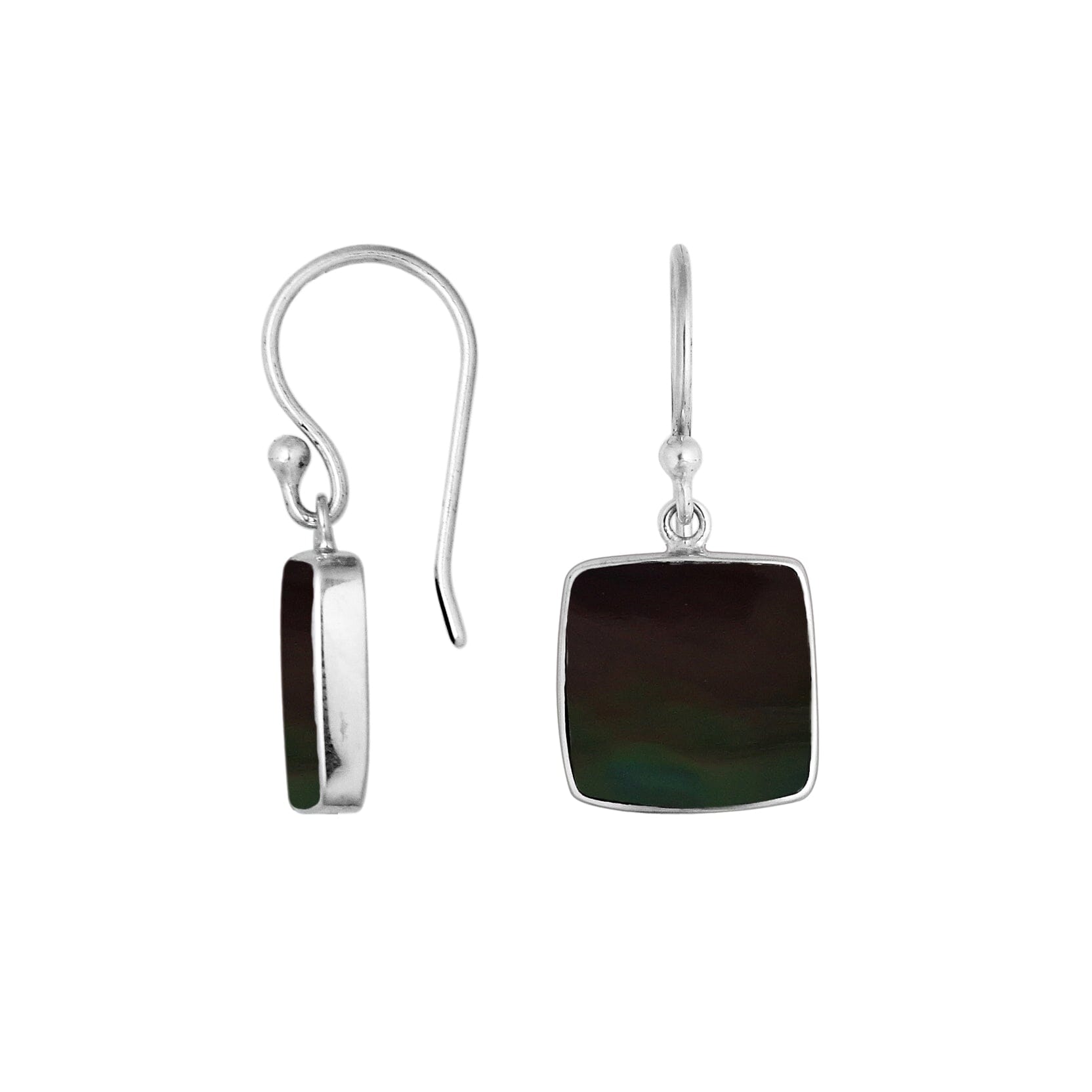 Wholesale sterling silver square Black Shell hook earrings with polished bezel detailing
