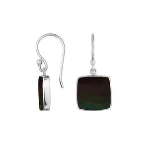 Wholesale sterling silver square Black Shell hook earrings with polished bezel detailing