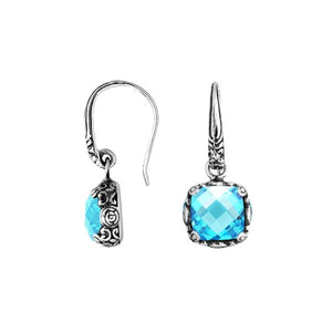 Wholesale sterling silver cushion Blue Topaz Quartz hook earrings with ornate silver detailing