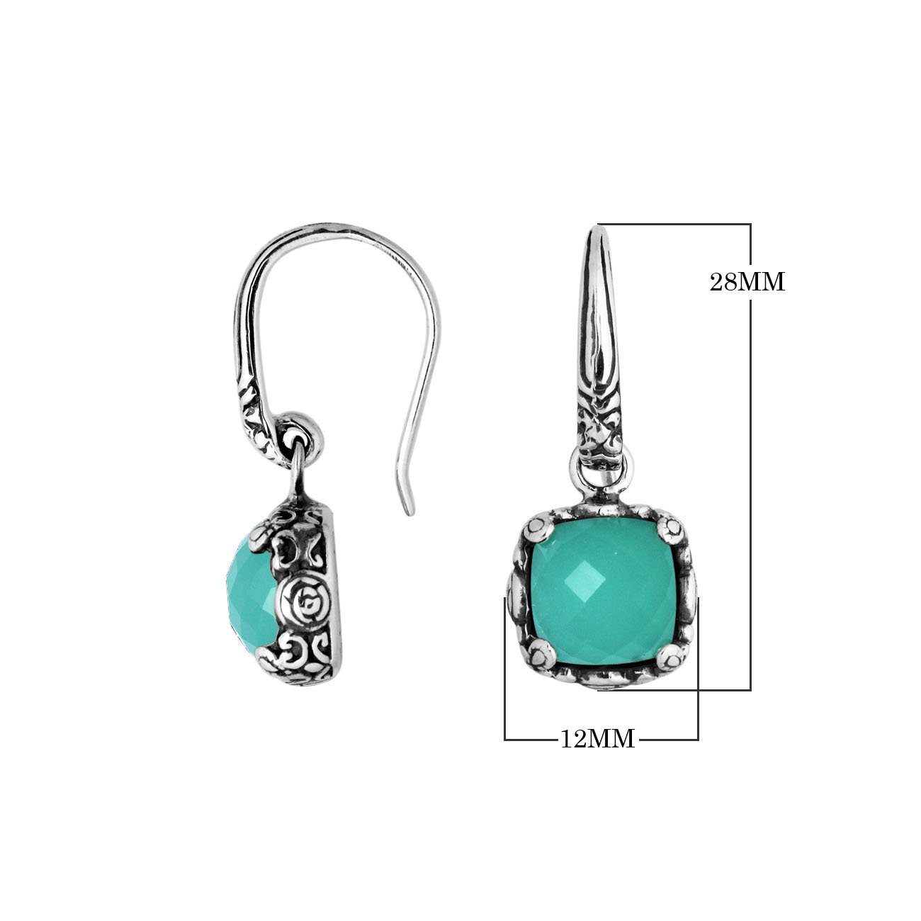 Wholesale sterling silver cushion Green Chalcedony Quartz hook earrings with ornate silver detailing
