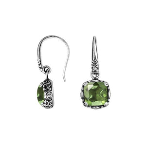 Wholesale sterling silver cushion Green Amethyst Quartz hook earrings with ornate silver detailing