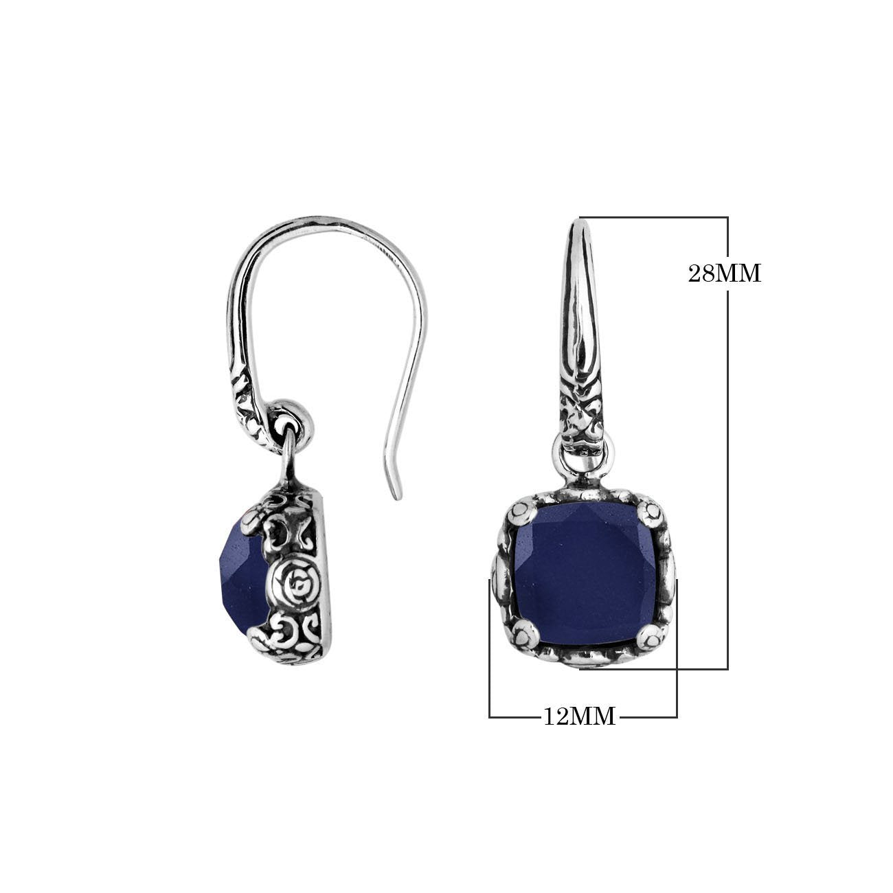 Wholesale sterling silver cushion Blue Sapphire hook earrings with ornate silver detailing