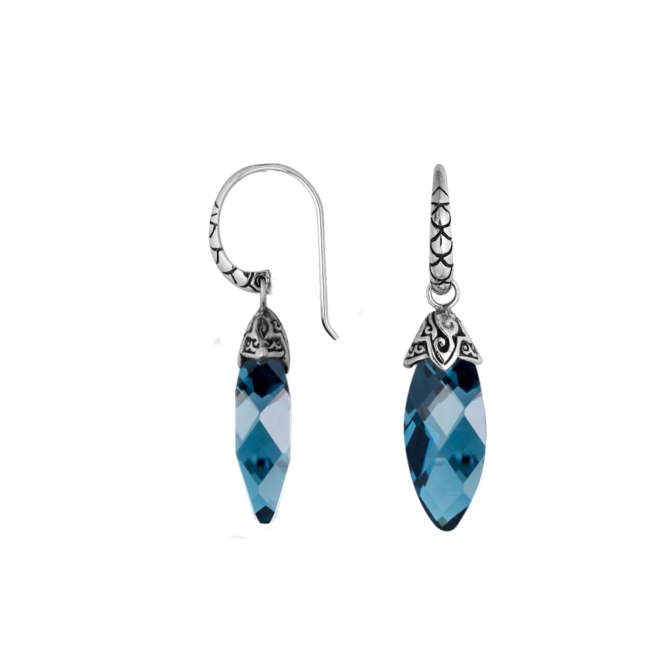 Wholesale sterling silver London Blue Topaz Quartz drop earrings with handcrafted silver detailing