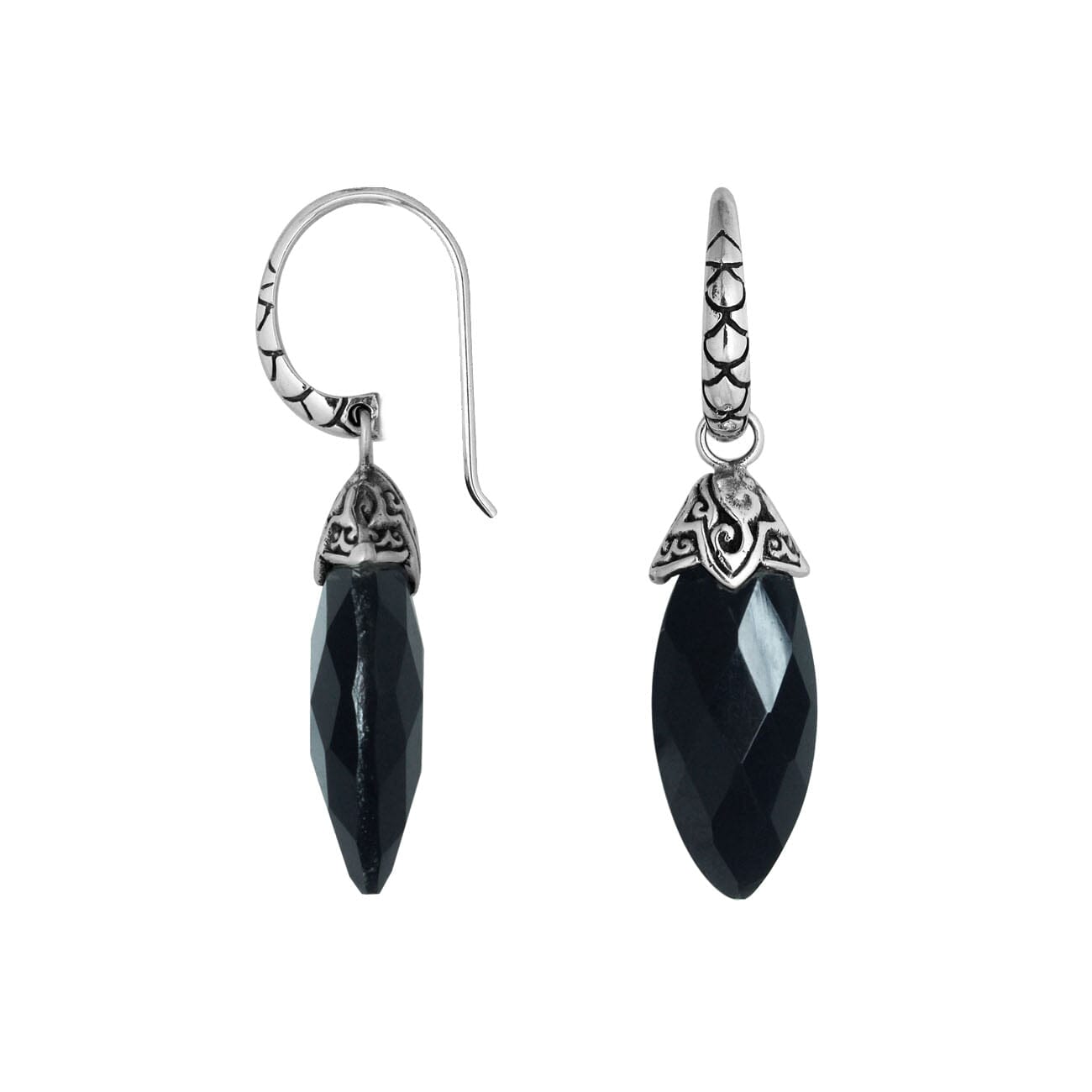 Wholesale sterling silver Black Onyx drop earrings with handcrafted silver detailing