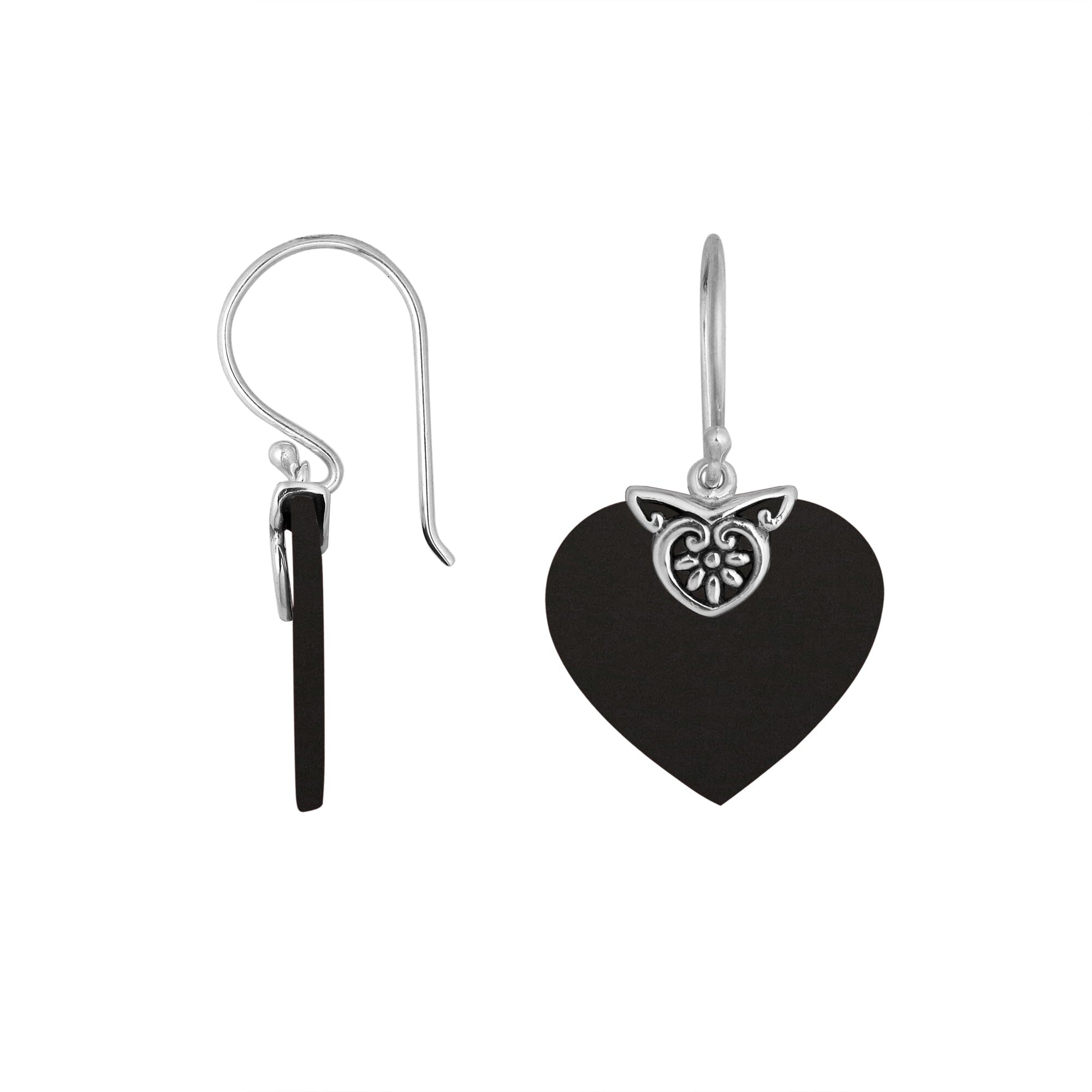 Wholesale sterling silver heart-shaped Black Shell earrings with handcrafted silver detailing