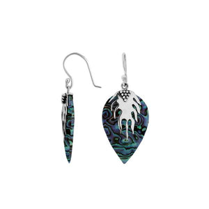 Wholesale silver leaf earrings featuring iridescent Abalone Shell with a sculpted silver and polished finish.