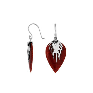 Wholesale silver leaf earrings featuring deep Red Coral with a dramatic sculpted silver design.
