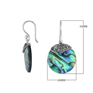 Wholesale silver round earrings featuring iridescent Abalone Shell with polished scrollwork detailing.