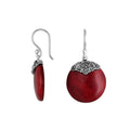Wholesale sterling silver round earrings with bold Red Coral and refined scrollwork detailing.