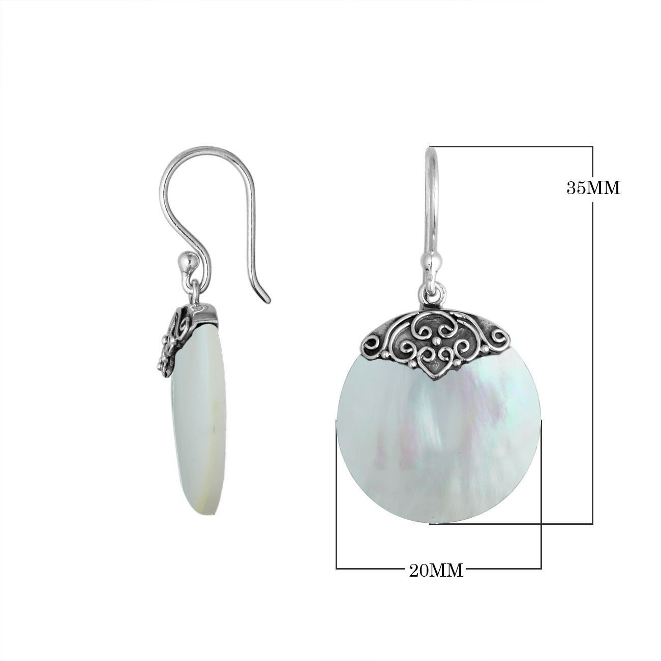 Wholesale sterling silver round earrings featuring luminous Mother Of Pearl and elegant scrollwork detailing.
