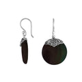 Wholesale sterling silver round earrings featuring dark Black Shell with polished scrollwork detailing.