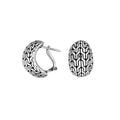 Wholesale sterling silver omega-back patterned hoop earrings with oxidized detailing.