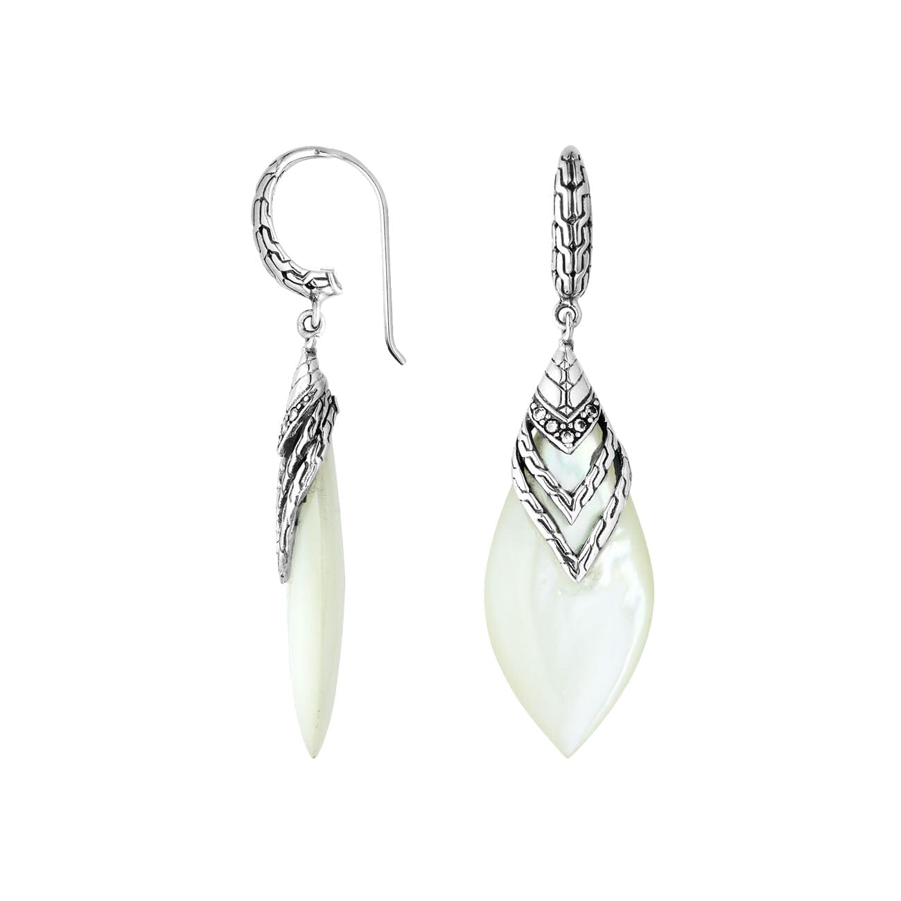 Wholesale sterling silver layered leaf earrings with Mother Of Pearl, Cubic Zirconia, and textured detailing.