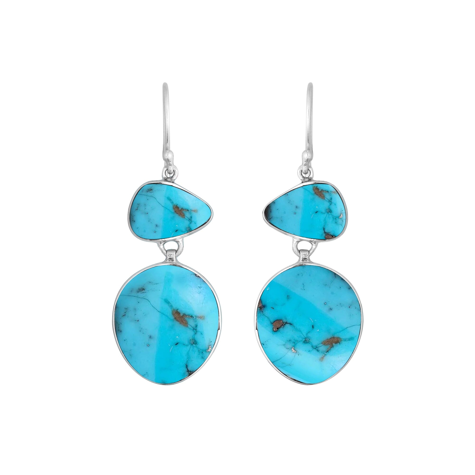 Wholesale sterling silver double-drop earrings featuring bright Turquoise Shell in polished settings.