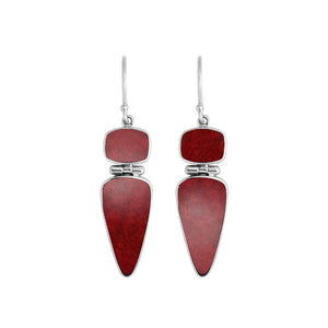 Structured sterling silver earrings with geometric Red Coral drops
