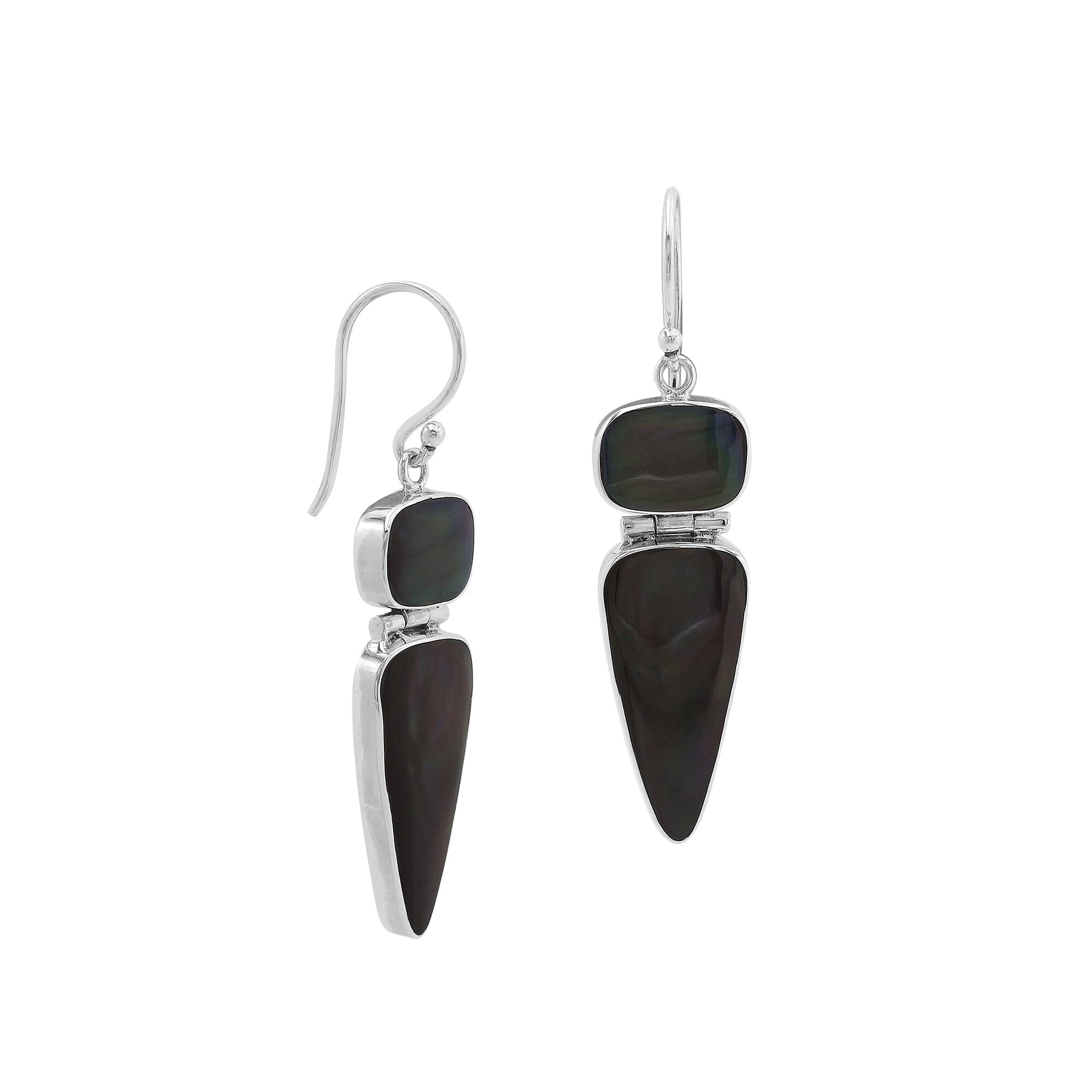 Sterling silver long drop earrings with polished Black Shell dual-shape elements for wholesale buyers