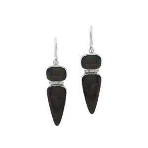 Sterling silver long drop earrings with polished Black Shell dual-shape elements for wholesale buyers