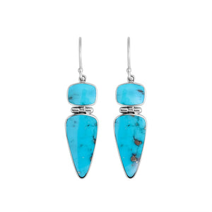 Sterling silver long drop earrings with vibrant Turquoise Shell dual-shape elements for wholesale collections