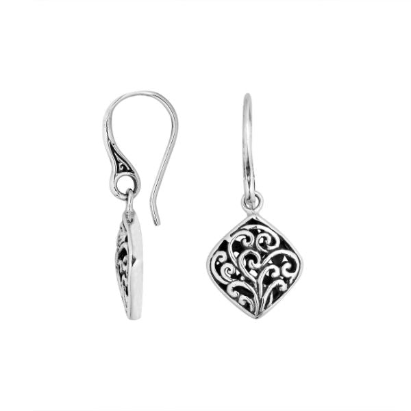 Sterling Silver diamond shape filigree earrings with Earwire and oxidized finish for wholesale jewelry collections.
