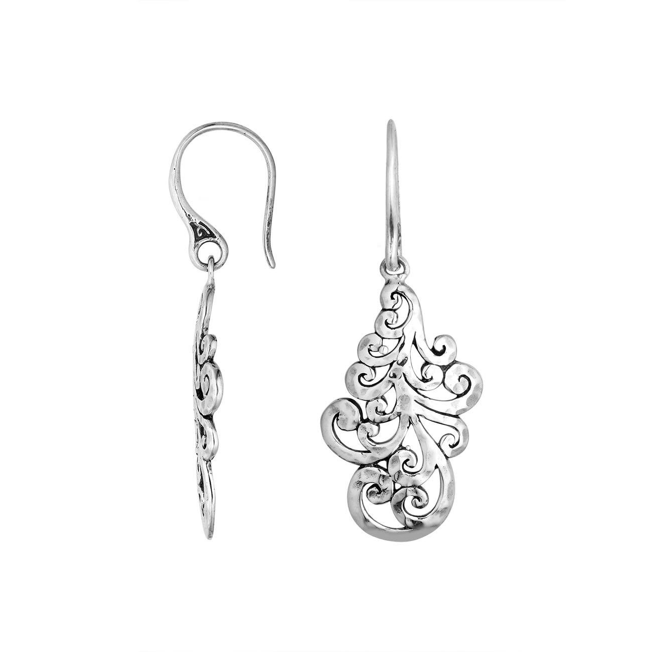 Sterling Silver filigree scroll drop earrings with Earwire and polished finish for wholesale jewelry collections.