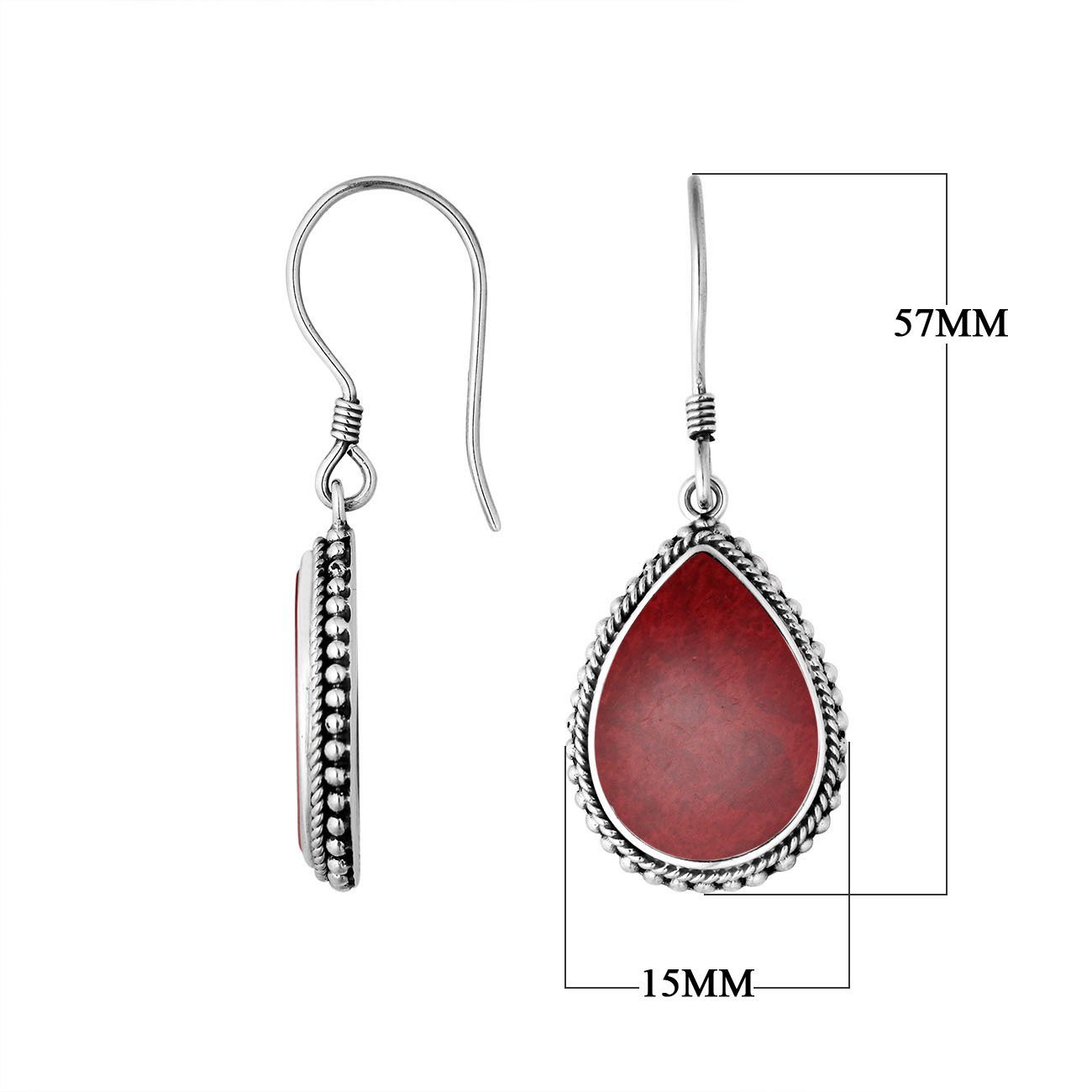 Sterling Silver Red Coral pear drop earrings with Earwire and polished rope border for wholesale jewelry collections.
