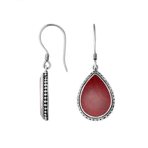 Sterling Silver Red Coral pear drop earrings with Earwire and polished rope border for wholesale jewelry collections.