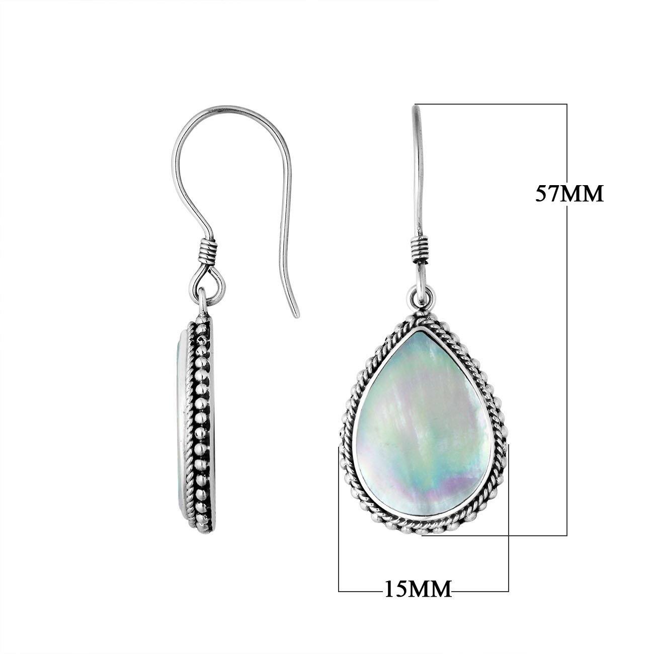 Sterling Silver Mother Of Pearl pear earrings with Earwire and rope border for wholesale jewelry collections.