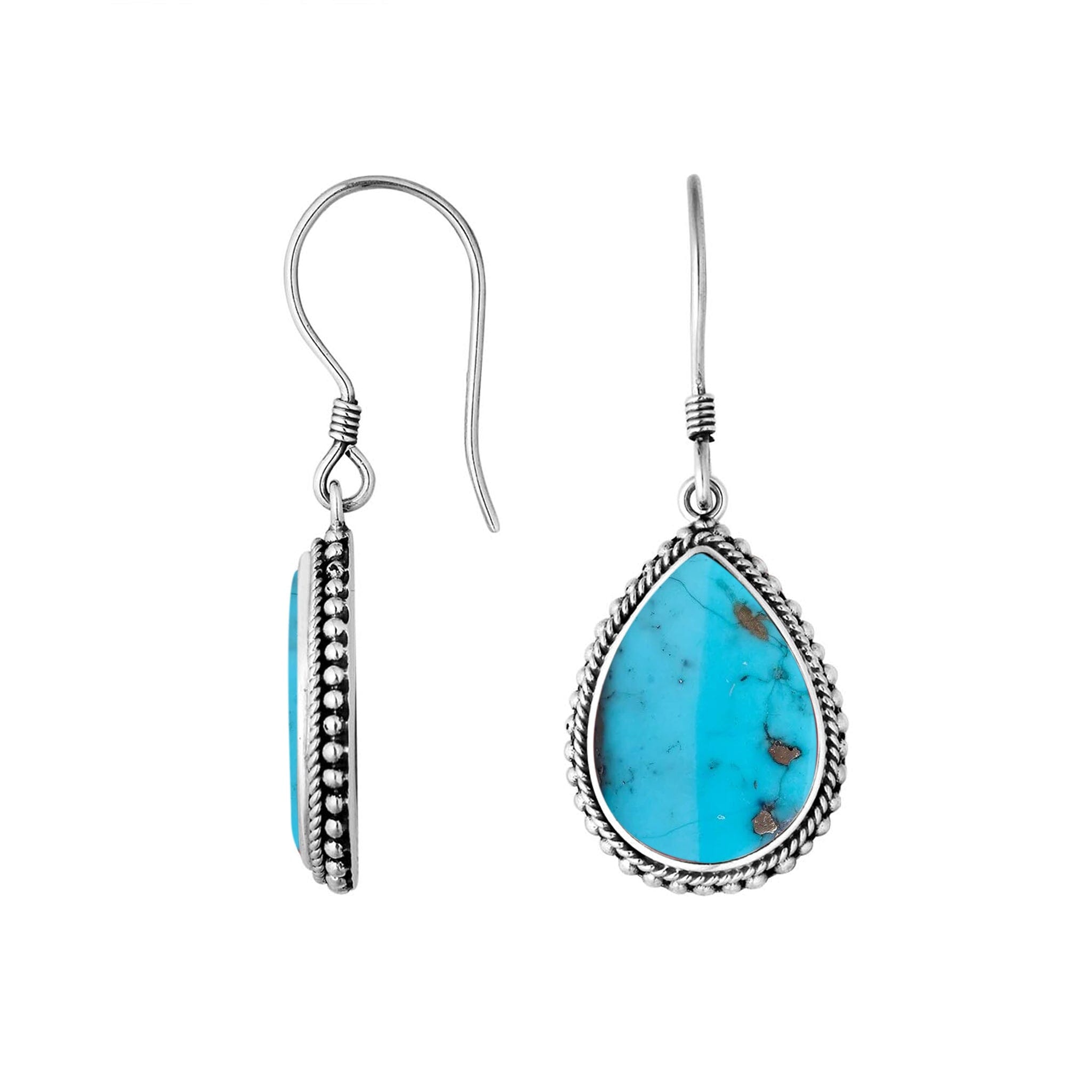 Sterling Silver Turquoise Shell pear earrings with Earwire and rope-style border for wholesale jewelry collections.