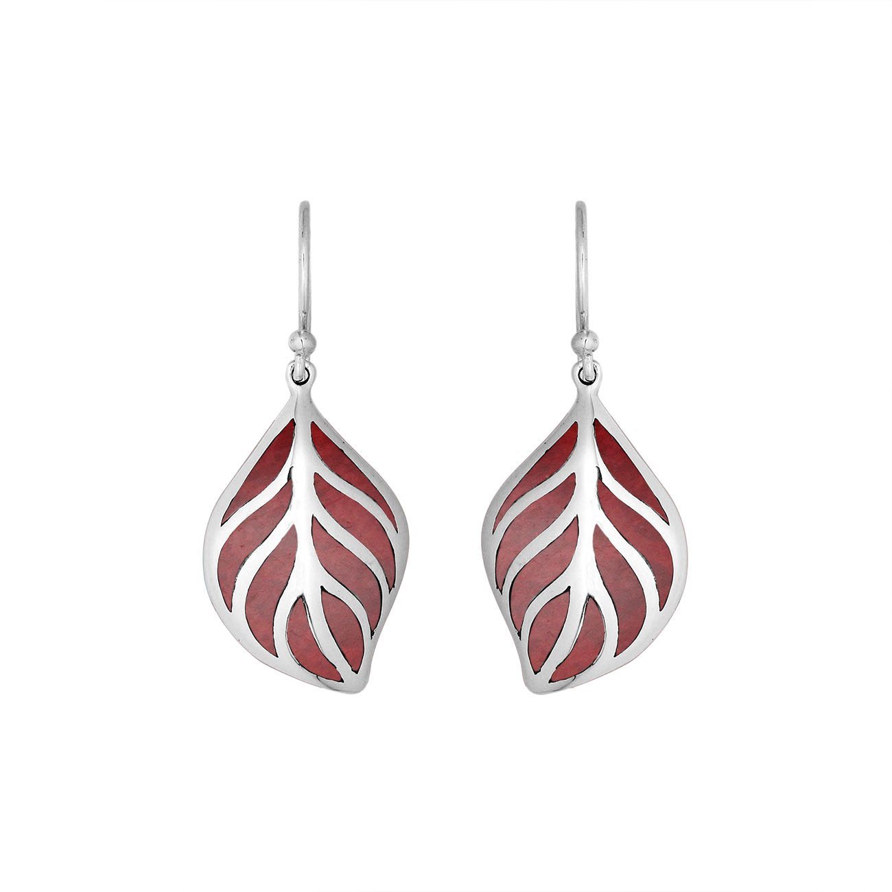 Sterling Silver Red Coral leaf drop earrings with Earwire and polished finish for wholesale jewelry collections.
