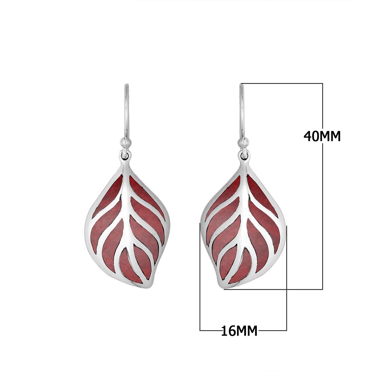 Sterling Silver Red Coral leaf drop earrings with Earwire and polished finish for wholesale jewelry collections.