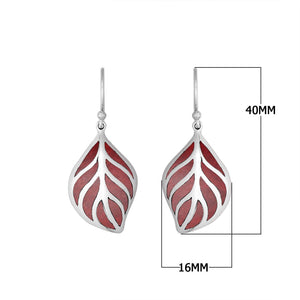 Sterling Silver Red Coral leaf drop earrings with Earwire and polished finish for wholesale jewelry collections.