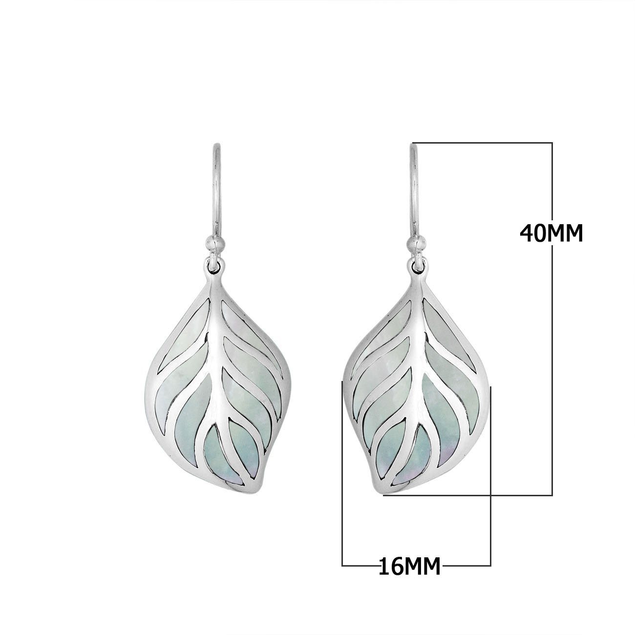 Sterling Silver Mother Of Pearl leaf earrings with Earwire and open silver design for wholesale jewelry collections.