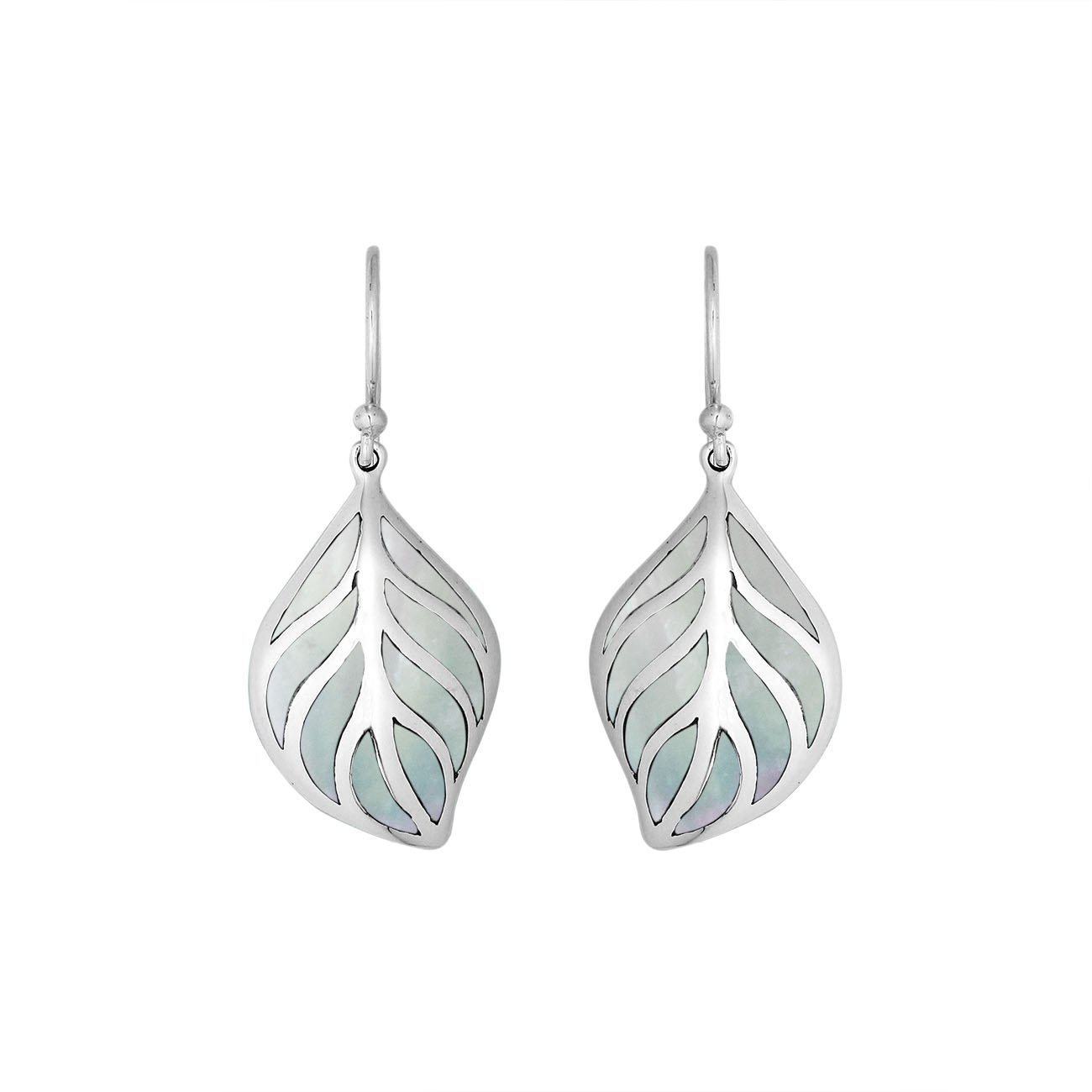 Sterling Silver Mother Of Pearl leaf earrings with Earwire and open silver design for wholesale jewelry collections.