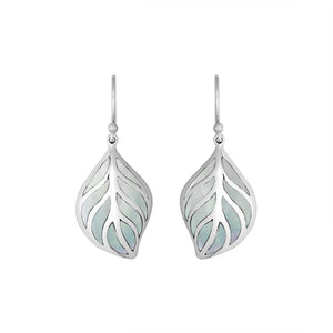 Sterling Silver Mother Of Pearl leaf earrings with Earwire and open silver design for wholesale jewelry collections.