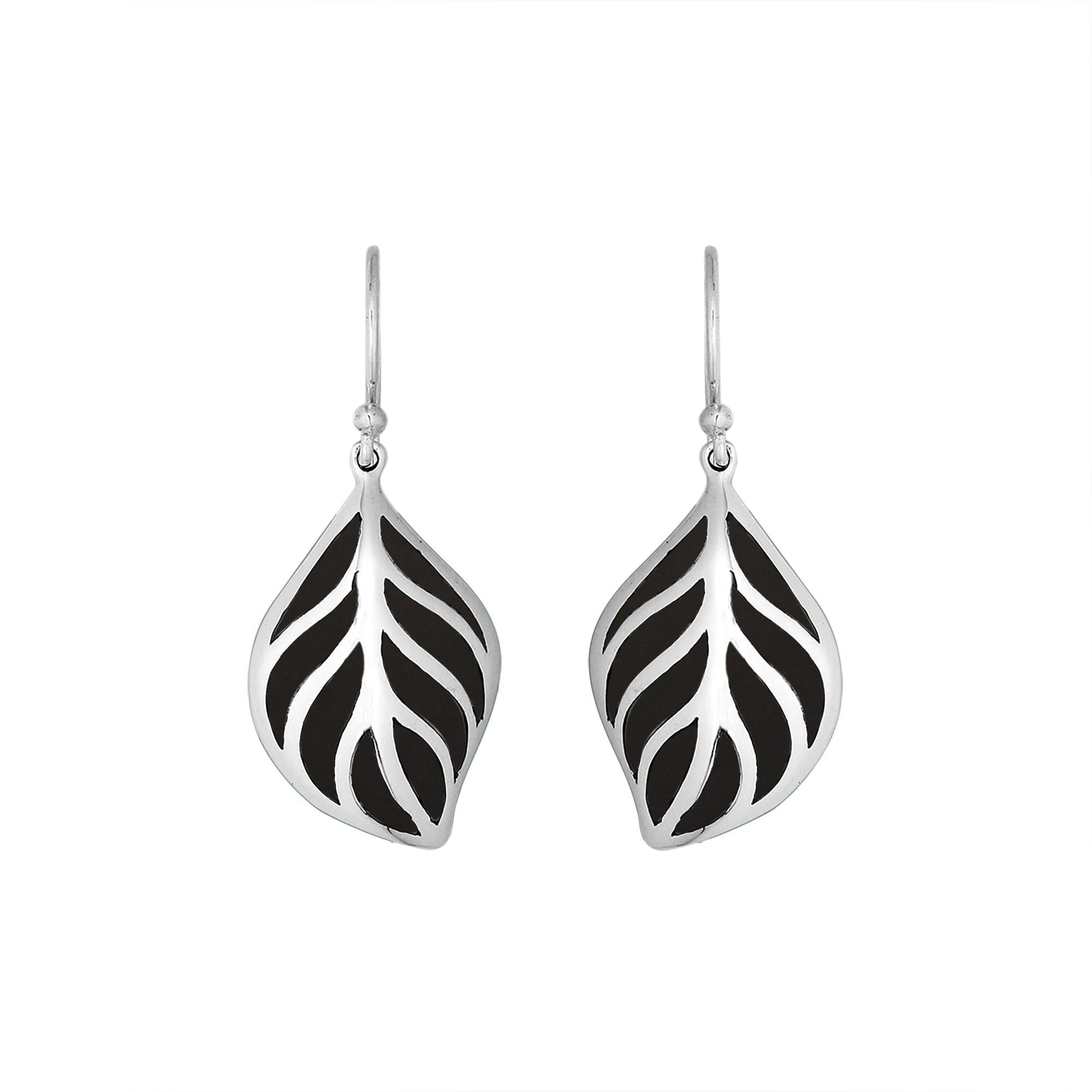 Sterling Silver Black Shell leaf drop earrings with Earwire and open silver design for wholesale jewelry collections.