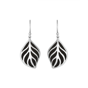 Sterling Silver Black Shell leaf drop earrings with Earwire and open silver design for wholesale jewelry collections.