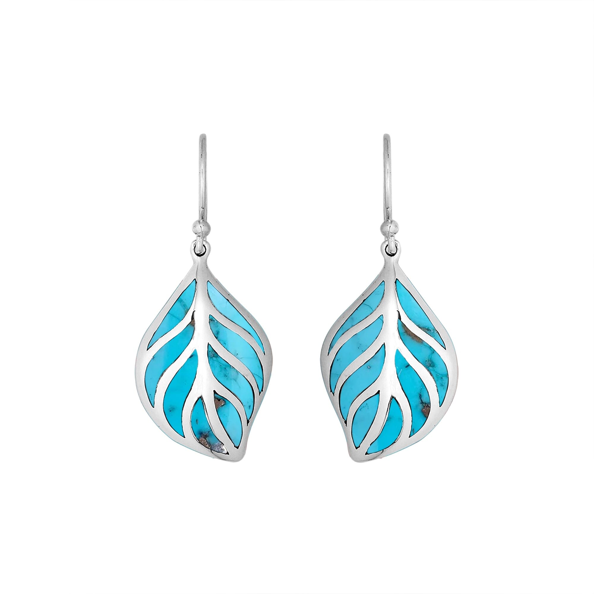 Sterling Silver Turquoise Shell leaf drop earrings with Earwire and open silver design for wholesale jewelry collections.