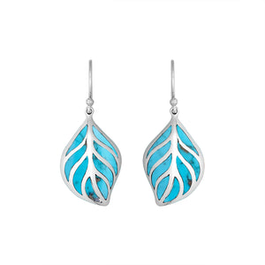 Sterling Silver Turquoise Shell leaf drop earrings with Earwire and open silver design for wholesale jewelry collections.