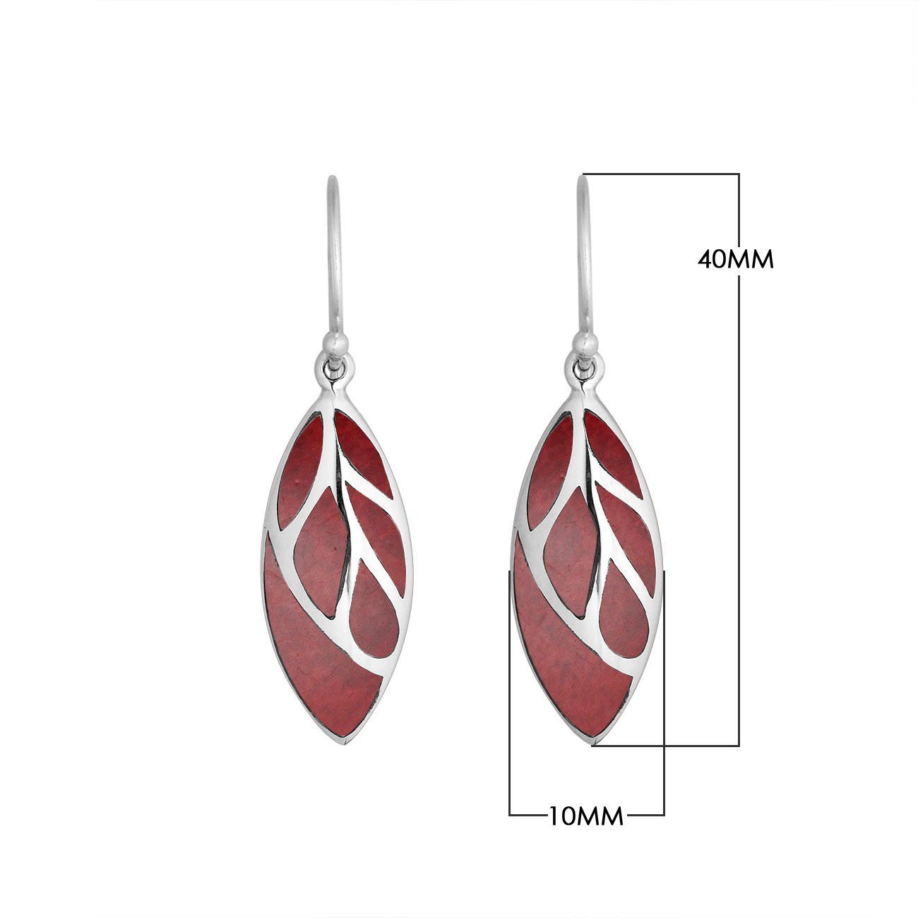 Sterling Silver Red Coral long leaf dangle earrings with Earwire and polished open silver design for wholesale jewelry collections.