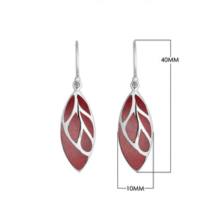 Sterling Silver Red Coral long leaf dangle earrings with Earwire and polished open silver design for wholesale jewelry collections.