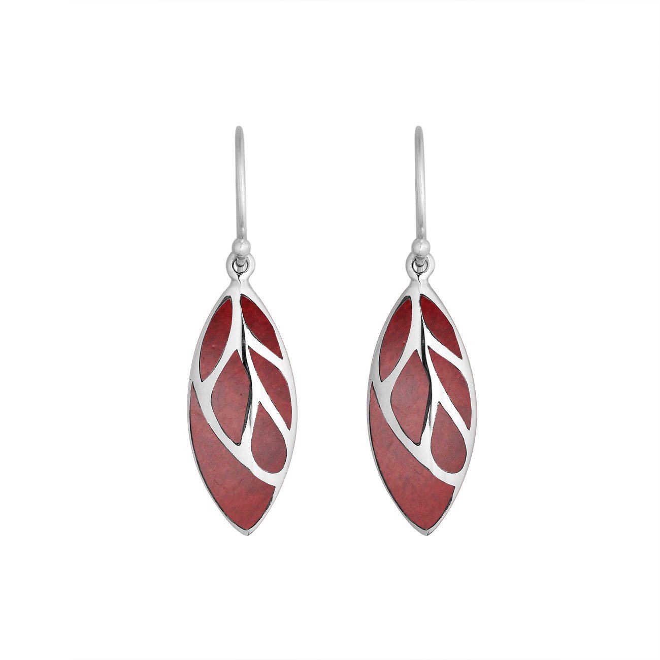 Sterling Silver Red Coral long leaf dangle earrings with Earwire and polished open silver design for wholesale jewelry collections.