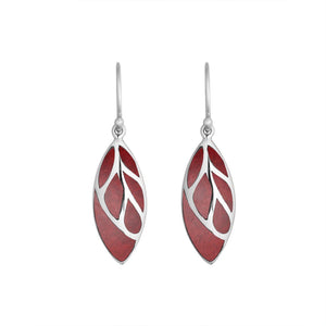 Sterling Silver Red Coral long leaf dangle earrings with Earwire and polished open silver design for wholesale jewelry collections.