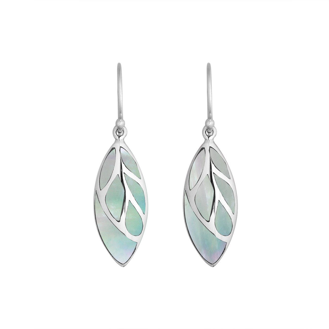 Sterling Silver Mother Of Pearl leaf drop earrings with Earwire and polished open silver design for wholesale jewelry collections.