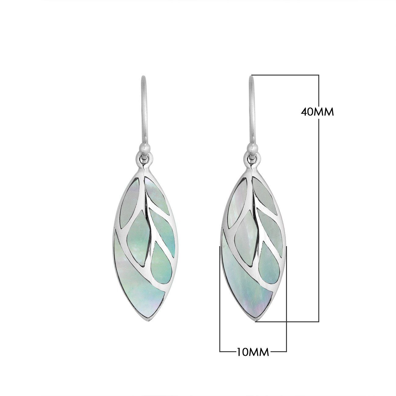 Sterling Silver Mother Of Pearl leaf drop earrings with Earwire and polished open silver design for wholesale jewelry collections.