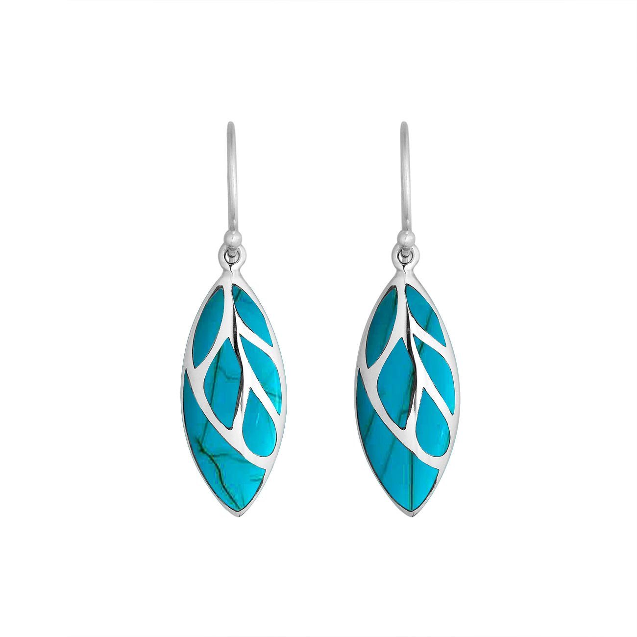 Sterling Silver Turquoise Shell leaf form earrings with Earwire and polished finish for wholesale jewelry assortments.