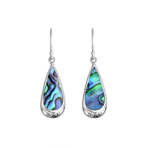 Wholesale sterling silver earrings with vibrant Abalone Shell teardrops and delicate silver scroll accents.