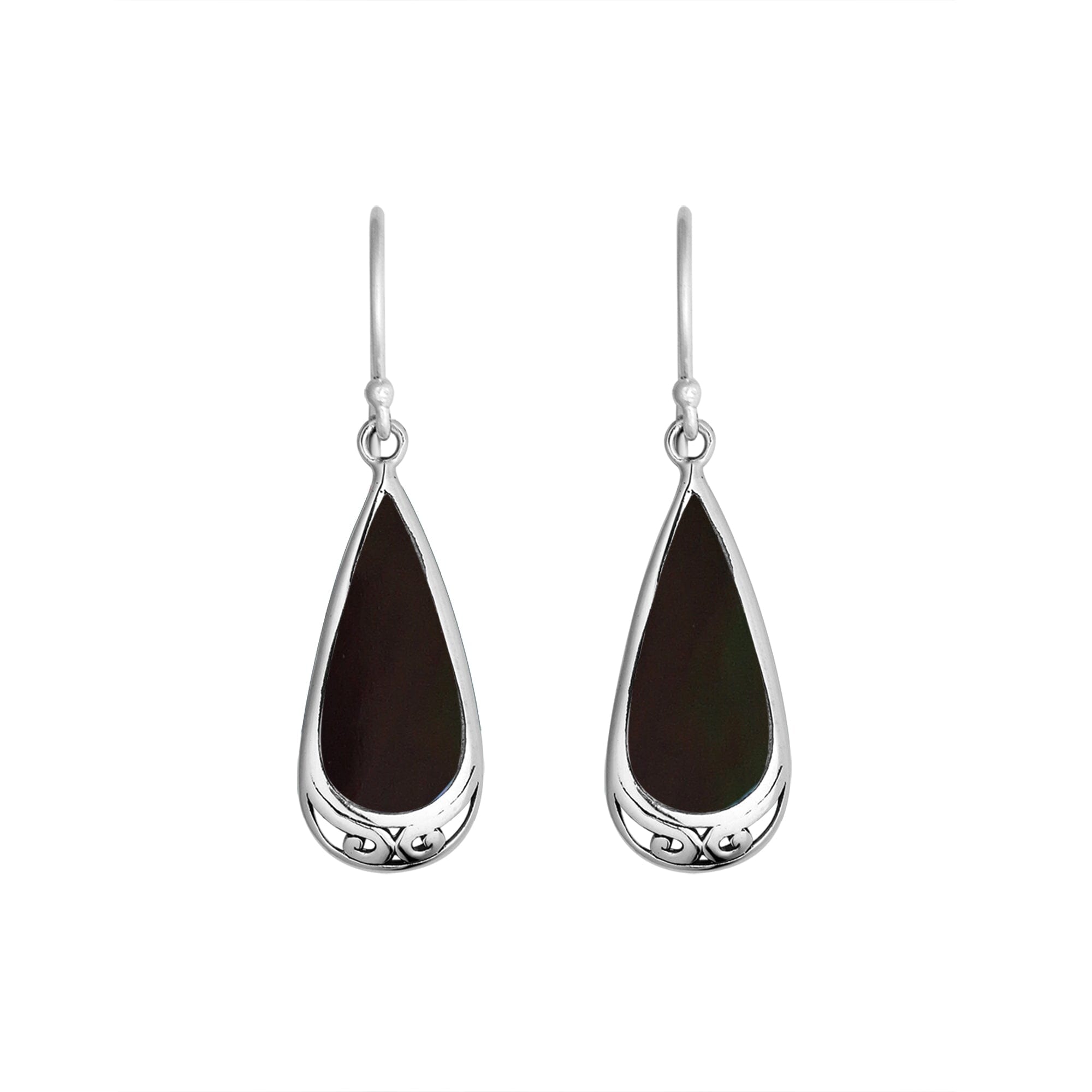 Wholesale Sterling Silver Black Shell Teardrop Earrings With Polished Engraved Accent