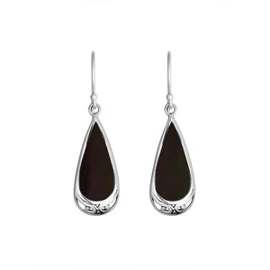 Wholesale Sterling Silver Black Shell Teardrop Earrings With Polished Engraved Accent