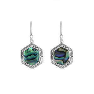 Sterling Silver Abalone Shell hexagon frame earrings with polished finish and Earwire lock for wholesale collections.