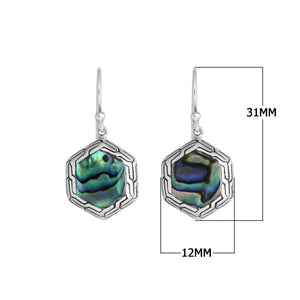 Sterling Silver Abalone Shell hexagon frame earrings with polished finish and Earwire lock for wholesale collections.